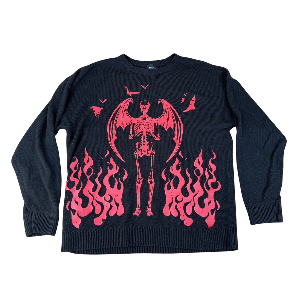 Social Collision Large Sweater Goth Skeleton Flame Graphic Black Red Knit